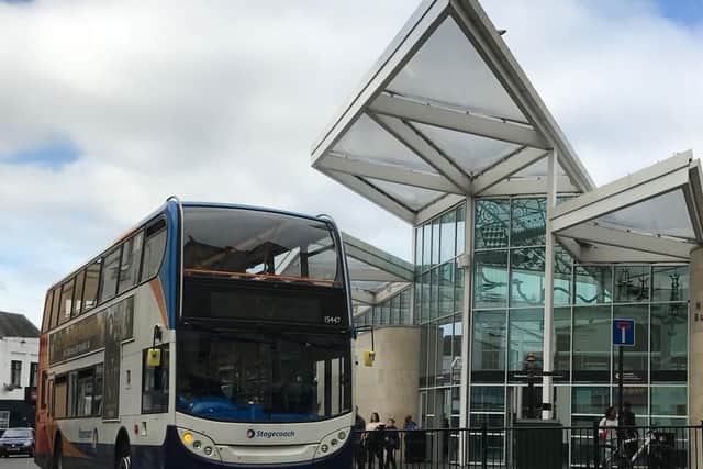 A Stagecoach bus in familiar colours at Northampton bus station.
