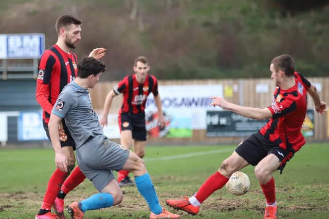 Action from Kettering Town's 0-0 draw with Curzon Ashton at Latimer Park. Pictures by Peter Short