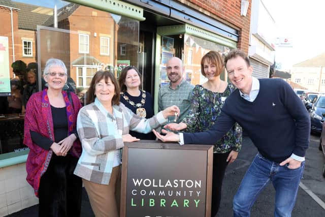 Wollaston Community Library grand re-opening of library to be run by volunteers. 
l-r Julia Jarman, Anne Lovely (NCC Library Service), Mayor of Wellingborough Jo Beirne, Gareth Coombs (author), Amanda Atkinson (Volunteer Co-ordinator), Nick Sinnott (leader of the management committee)
Saturday February 1st 2020