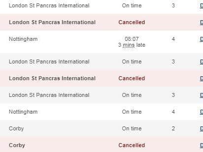 Departure board at Kettering station showed cancellations to and from London on Thursday morning
