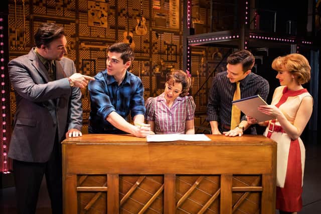 Oliver Boot as Donnie Kirshner, Adam Gillian as Gerry Goffin, Daisy Wood-Davis as Carole King, Cameron Sharp and'Barry Man and Laura Baldwin as Cynthia Weil. Picture: Helen Maybanks