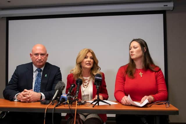 Harry Dunn's family spokesman Radd Seiger with Lisa Bloom and one of her clients, Kiki, who claims she was sexually assaulted by Jeffrey Epstein, at a joint press conference in New York City. Photo: Getty Images