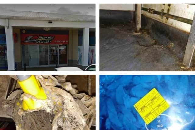 The Corby branch with pictures taken by inspectors of a mouldy mop signed off as 'clean', the dirty floor and chicken stored despite being past its use-by date.