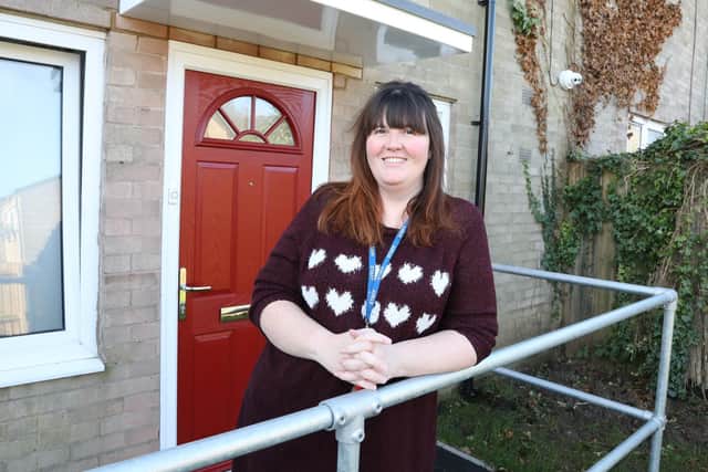 Debi Delgarno services manager for Corby Homeless Project outside the hostel in Dorking Walk