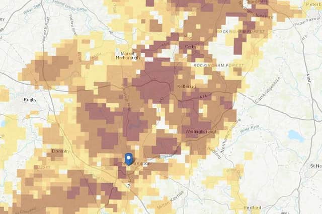 The shades areas show radon levels in Northamptonshire - the darkest ones are in the highest risk band where it is estimated that more than 30 per centof homes will contain radon concentrations in excess of the recommended limit. Photo: Public Health England