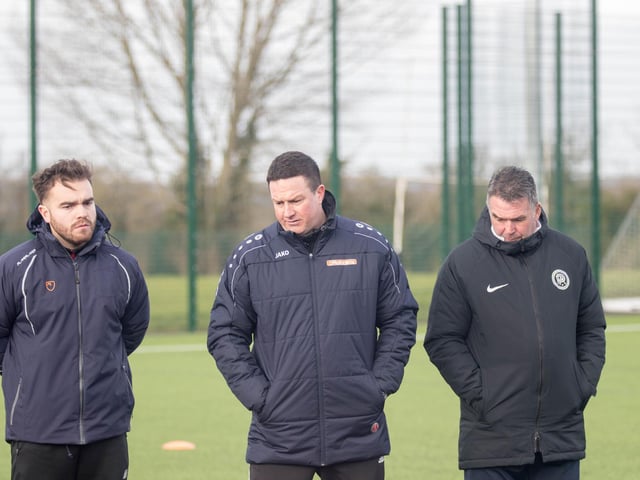 Coach Ben Marvin (left), manager Paul Cox (centre) and assistant-boss John Ramshaw ran the rule over their squad