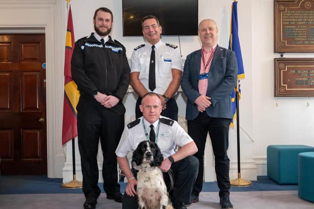PD Milo with his handler PC Steve Thorpe, Sgt Chris Monday, Chief Constable Nick Adderley and Northamptonshire police, fire and crime commissioner Stephen Mold. Photo: Northamptonshire Police