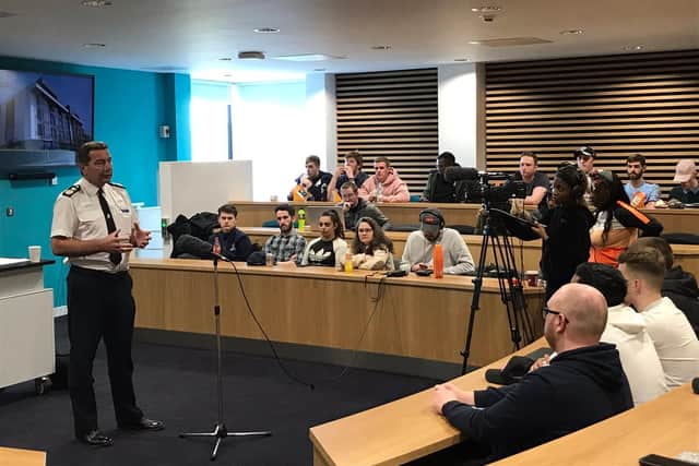 Chief Constable Nick Adderley with University of Northampton students. Picture credit: UoN News.