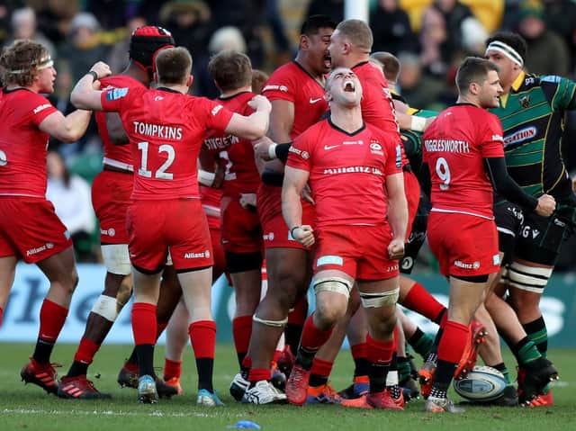 Saracens celebrated a win at Franklin's Gardens