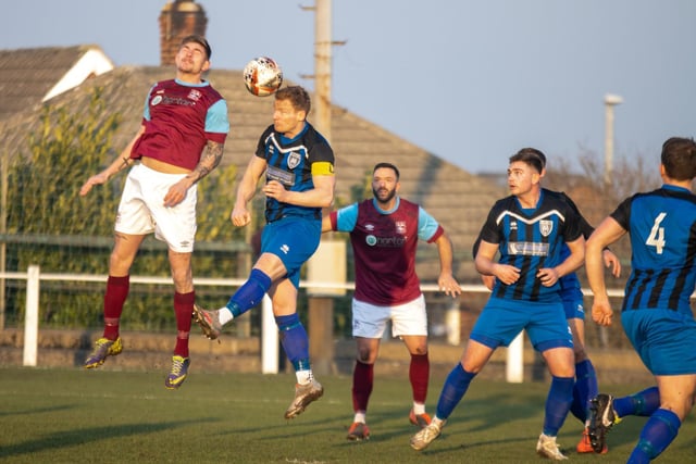 An aerial battled for the ball as Emley AFC take on Maltby Main. Picture: Mark Parsons