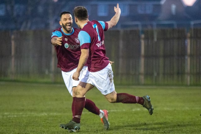 Alex Metcalfe celebrates his goal for Emley. Picture: Mark Parsons
