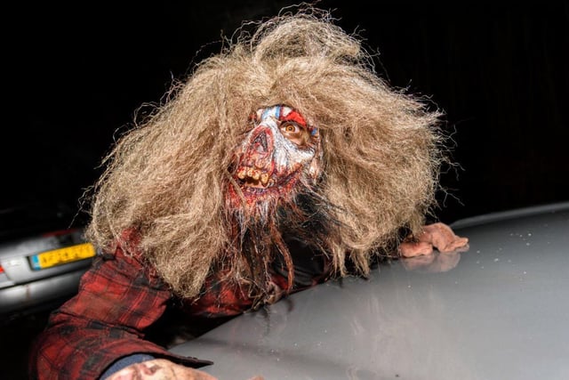 A horrifying zombie attacks guests as they drive through the immersive experience - remember to lock your doors!