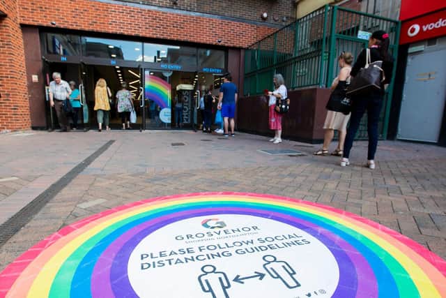 Non-essential shops reopened in town centres last week with reminders about social distancing. Photo: Leila Coker