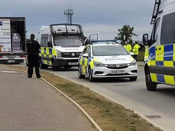 Police at the scene on the industrial estate yesterday