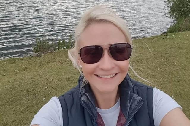 Louise, from Kettering, pictured five minutes before she collapsed last year on her walk in Milton Keynes.