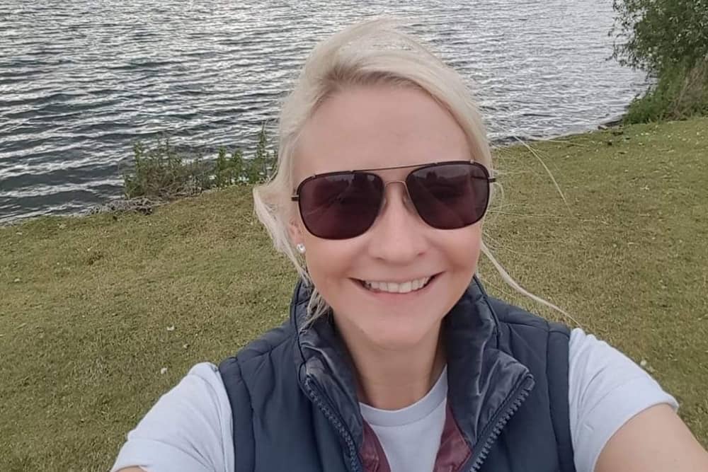 Louise, from Kettering, pictured five minutes before she collapsed last year on her walk in Milton Keynes.