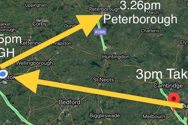 The Spitfire heads for Northampton from Duxford and then turns towards Peterborough. Graphic: @NNWeather