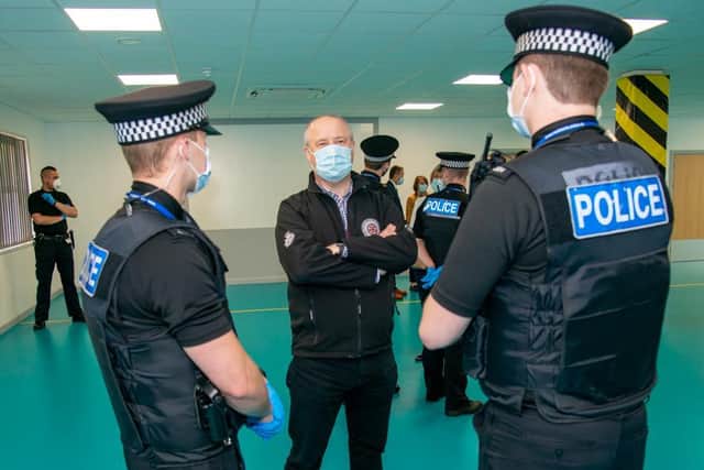 Police, Fire and Crime Commissioner Stephen Mold chats with officers at the new police training HQ