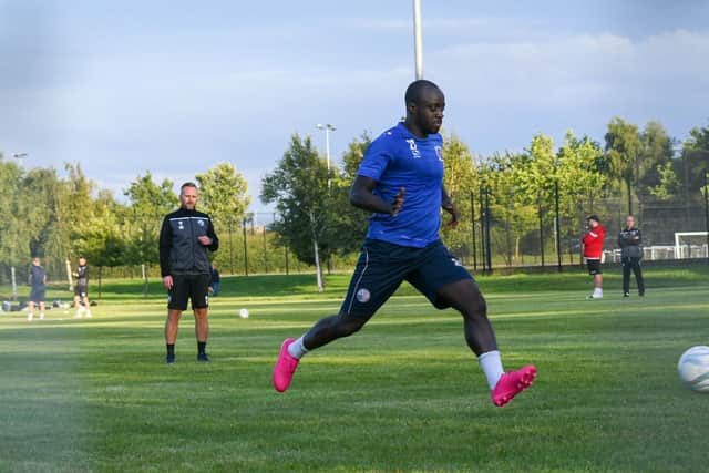 Joel Gyasi is put through his paces, watched by assistant-manager Neil Champelovier as AFC Rushden & Diamonds returned to training on Tuesday. Picture courtesy of HawkinsImages