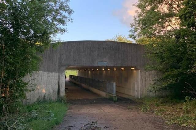 The graffiti was painted in the underpass at the end of Station Road, Earls Barton