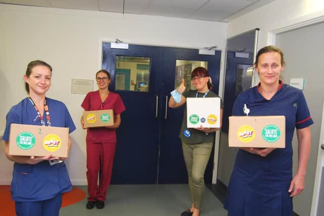 Clifford Ward Healthcare Assistant Martene Johnson, Deputy Sister Laura Morgan with We Care team member, Katarzyna Bank, and Urgent Care Matron Louise Hyde receiving the final donations on Clifford Ward