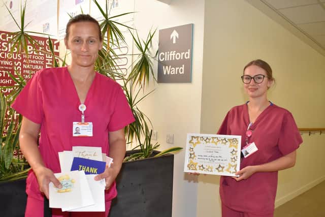 Urgent Care Matron Louise Hyde and Deputy Sister Laura Morgan with some of the many thank you cards.