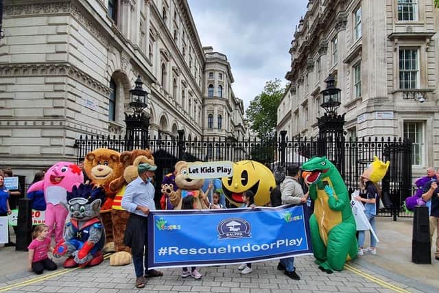 Ellis Potter, one of the owners of the Hub, went to Westminster to deliver a petition to reopen soft play centres.