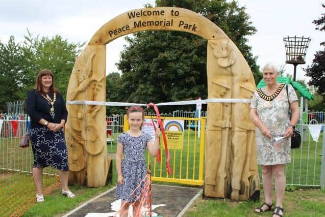 Chairman of East Northamptonshire Council, Cllr Helen Howell and Chairman of Thrapston Town Council (and Mayor of Thrapston) Cllr Karen Draycott. The ribbon was cut by local resident Jemima.