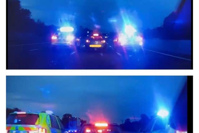 Police vehicles box in the fleeing VW Golf on the M1 near Junction 18 last night. Photo: Northamptonshire Police