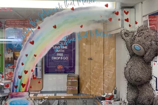 Share the love by adding a message to the Moments that Matter in a Time that Matters rainbow at Barton Seagrave Post Office