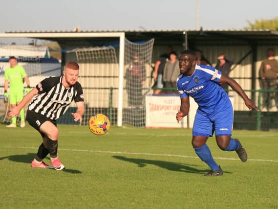 Chris Wreh, pictured in action for Dunstable Town against Corby Town last season, has re-signed for AFC Rushden & Diamonds