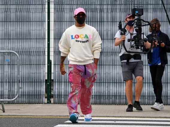 Lewis Hamilton went for this low-key number on his arrival at Silverstone on Thursday. Photo: Getty Images