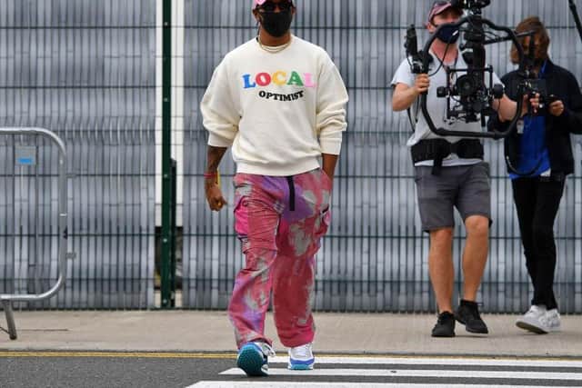 Lewis Hamilton went for this low-key number on his arrival at Silverstone on Thursday. Photo: Getty Images