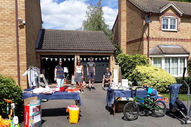 Stalls in Hillfield Road, Oundle, at the first Declutter and Donate event.