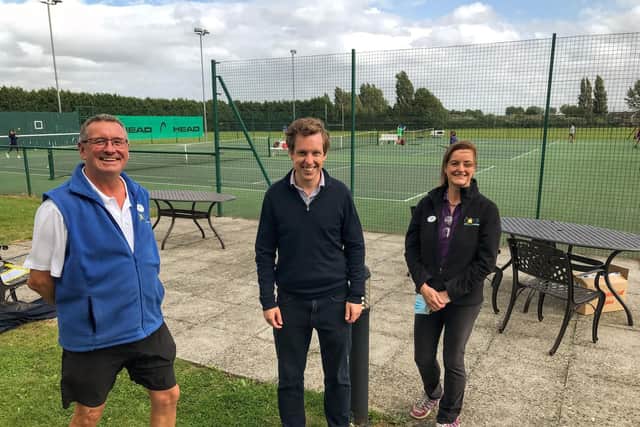 Tennis is booming in Corby. The town's tennis centre was supported by MP Tom Pursglove (middle) seen with the centre's owners, Craig and Juliette Haworth