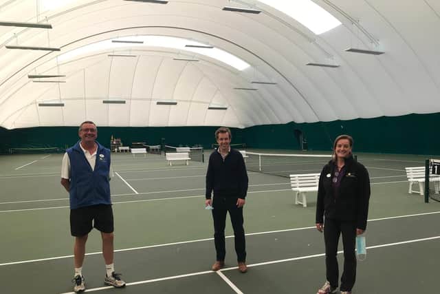MP Tom Pursglove (middle) with Craig and Juliette Haworth at Corby Tennis Centre