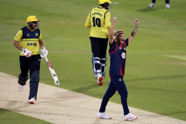 Gareth Berg shows his delight after claiming the key wicket of Tim Bresnan