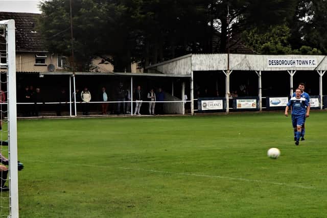 Steve Diggin was on target from the penalty spot during Corby Town's big 9-1 friendly success at Desborough Town last weekend. Pictures by David Tilley