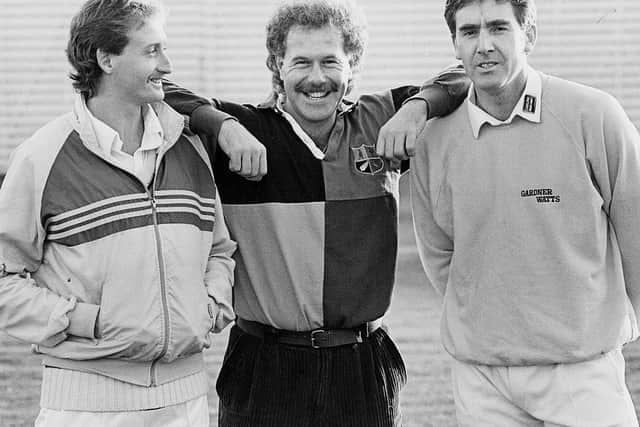 David Capel, Wayne Larkins (centre) and Rob Bailey pose for the camera after their selection for the England tour to the West Indies in 1990