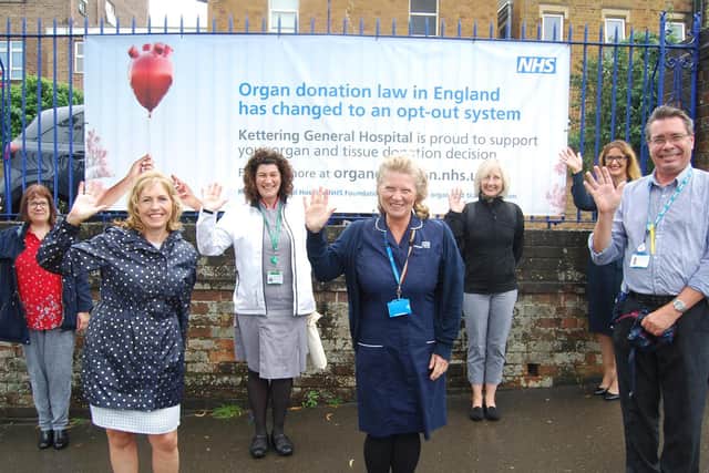 KGH’s Organ Donation Committee with an awareness banner in Rothwell Road: L-R Nicola Lee, Shirley Newman, Sarah Parry, Linda Knighton, Leanne Hackshall, Lucy Wright and Graeme O’Keefe