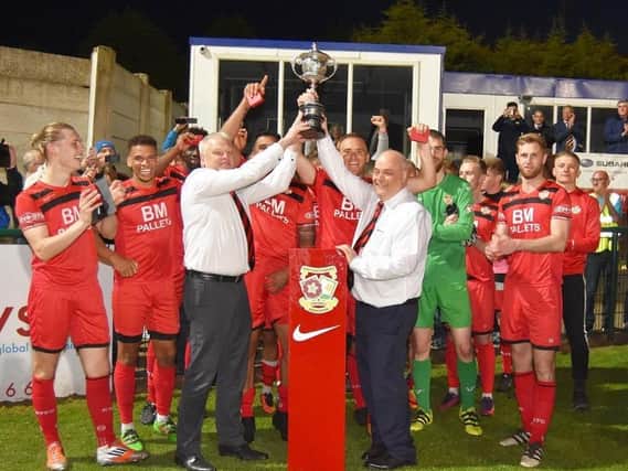 Kettering Town celebrate their Hillier Senior Cup success in 2018
