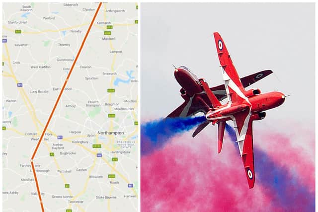 Red Arrows route home takes them to the west of Northampton on Thursday afternoon. Photo: Getty Images