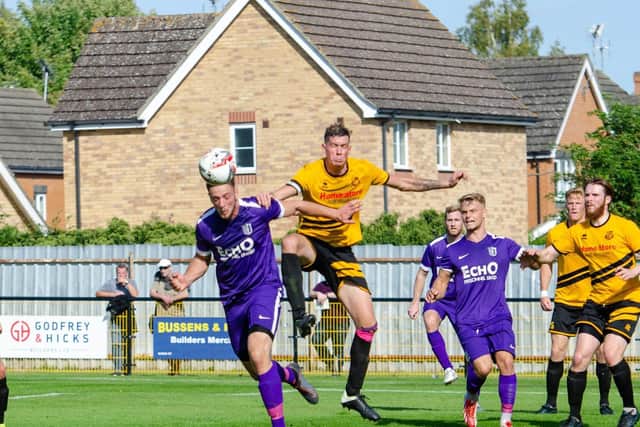 Charlie Wise headed home Corby Town’s first goal of the season but the Steelmen were pegged back by Mildenhall Town before losing on penalties in the Emirates FA Cup. Pictures by Jim Darrah
