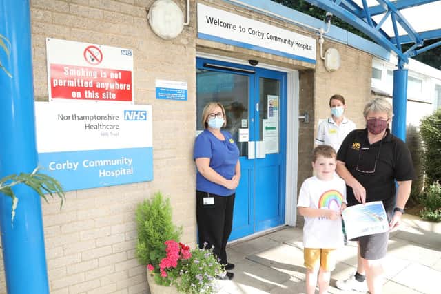 l-r Kaydyn Mcveigh, 5, with Cath Roberston (Northamptonshire T-Shirt Company) and Debra Tew (Ward matron Corby Community Hospital) Joelen Grant (Senior Therapy Lead),