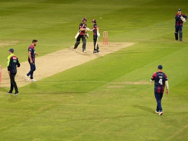 Tom Lammonby and Tom Abell celebrate Somerset's victory over the Steelbacks