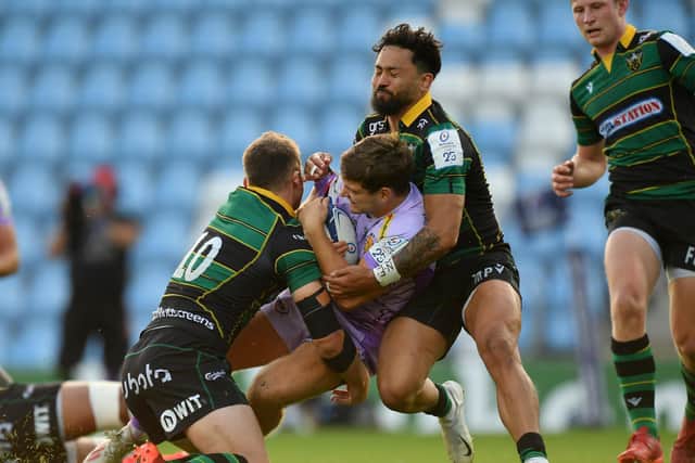 Dan Biggar and Matt Proctor getting to grips with Exeter Chiefs at Sandy Park