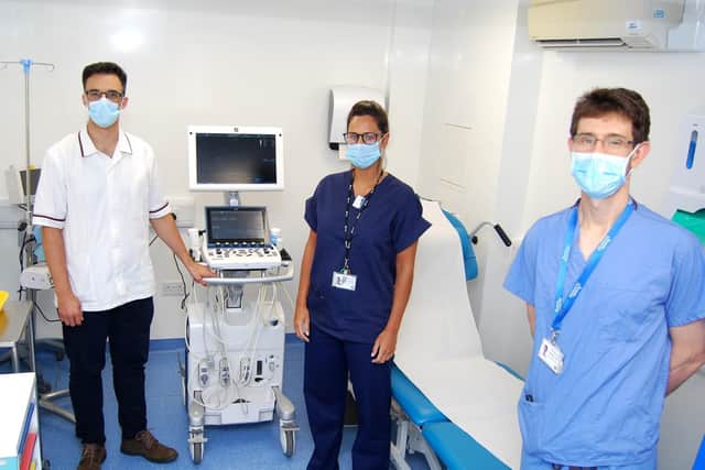 Senior Chief Cardiac Physiologist, Daniel Costa, Senior Cardiac Physiologist, Sara Gomes, and Chief Cardiac Physiologist, Sebastian Jones, in the new Procedures Room.