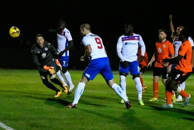 Tom Lorraine's second-half header was ruled out for offside as AFC Rushden & Diamonds suffered a heavy loss to Newark in the first qualifying round of the FA Cup. Picture courtesy of HawkinsImages