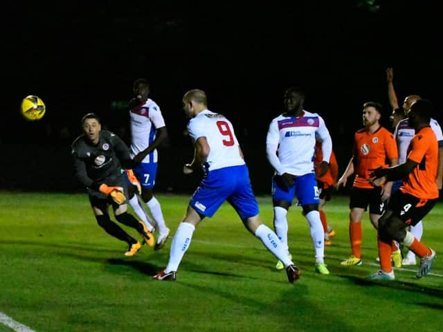 Tom Lorraine's second-half header was ruled out for offside as AFC Rushden & Diamonds suffered a heavy loss to Newark in the first qualifying round of the FA Cup. Picture courtesy of HawkinsImages