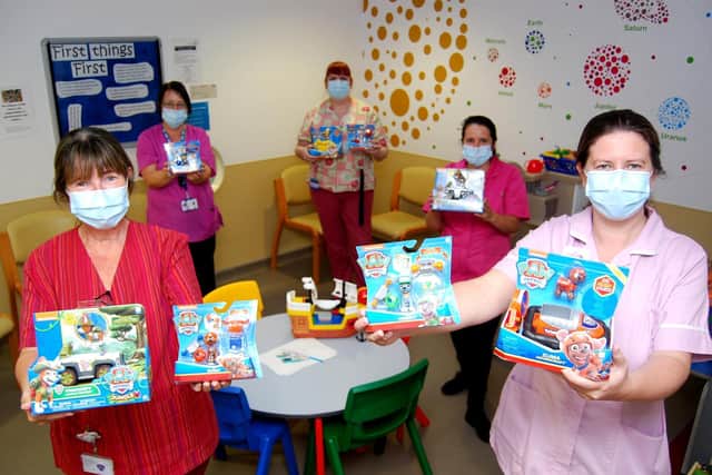 Staff from KGH’s Skylark Ward with some of the Paw Patrol toys donated to the ward – l-r Michelle Sopher-Burford, Lisa Roberts, Nic James, Caroline Freeman and Claire Smith.